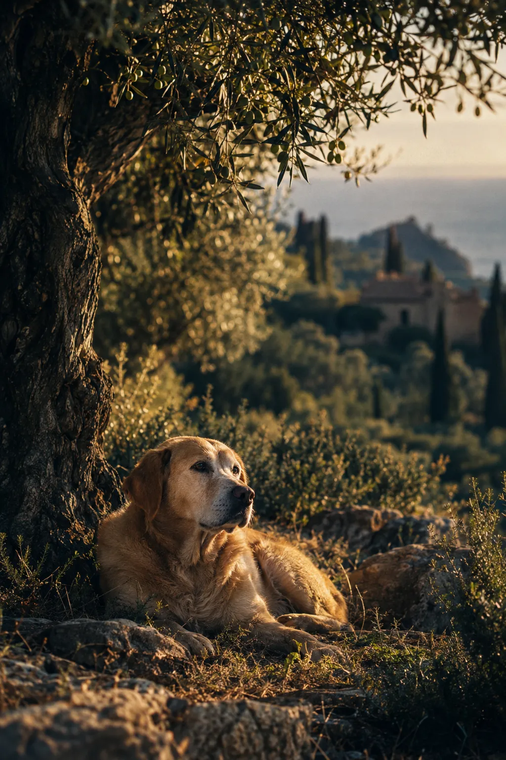 A golden retriever resting under an olive tree in Mediterranean hills