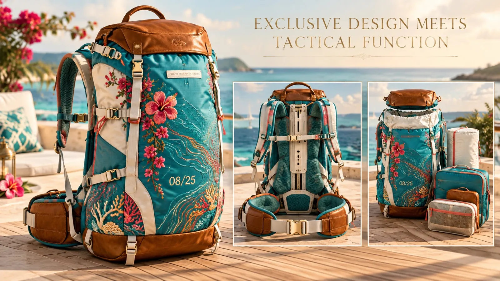 Teal backpack with floral embroidery and cognac leather on a Mediterranean terrace