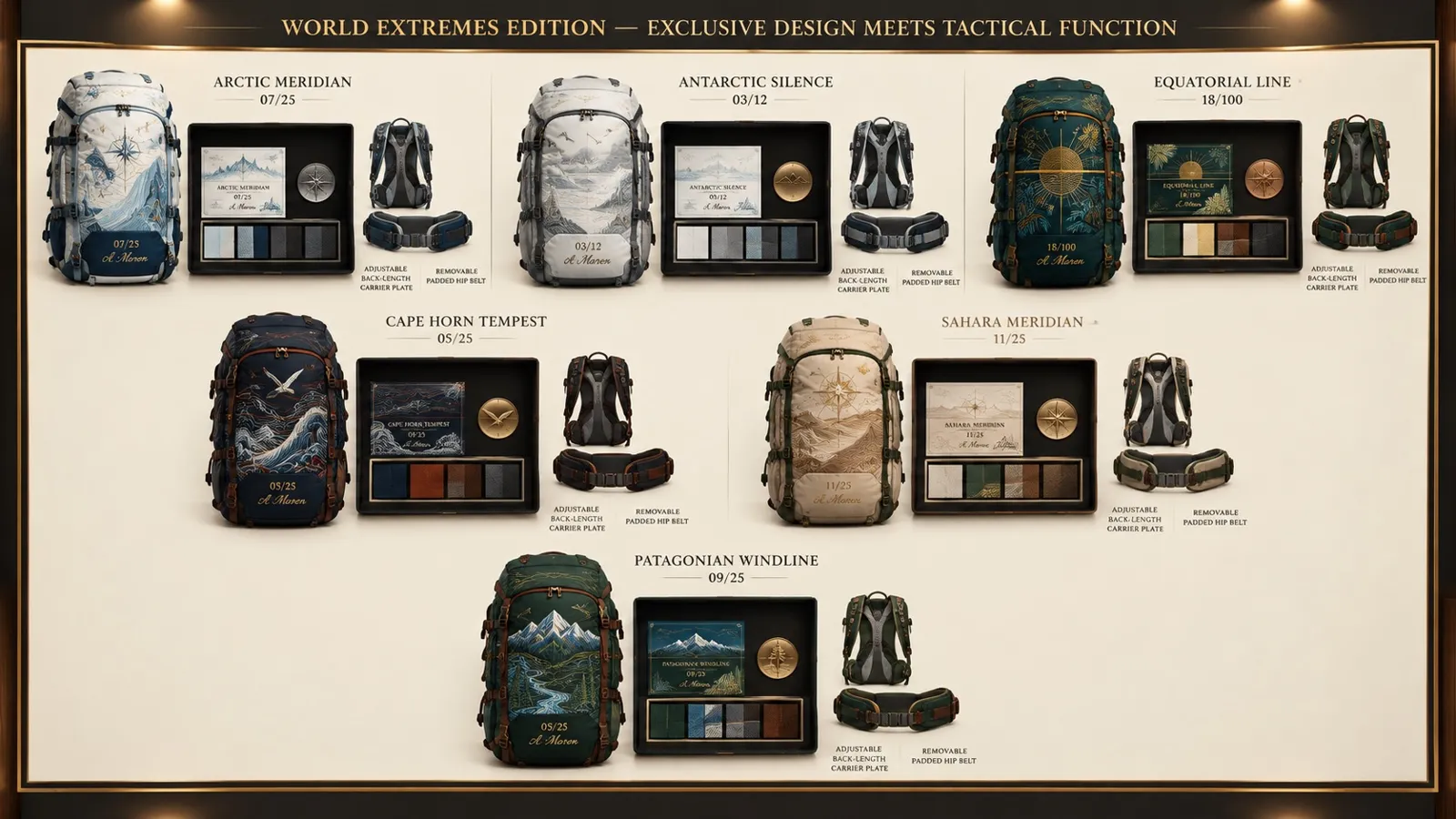 Board of the World Extremes Edition with Arctic, Antarctic, Sahara and Patagonia backpacks