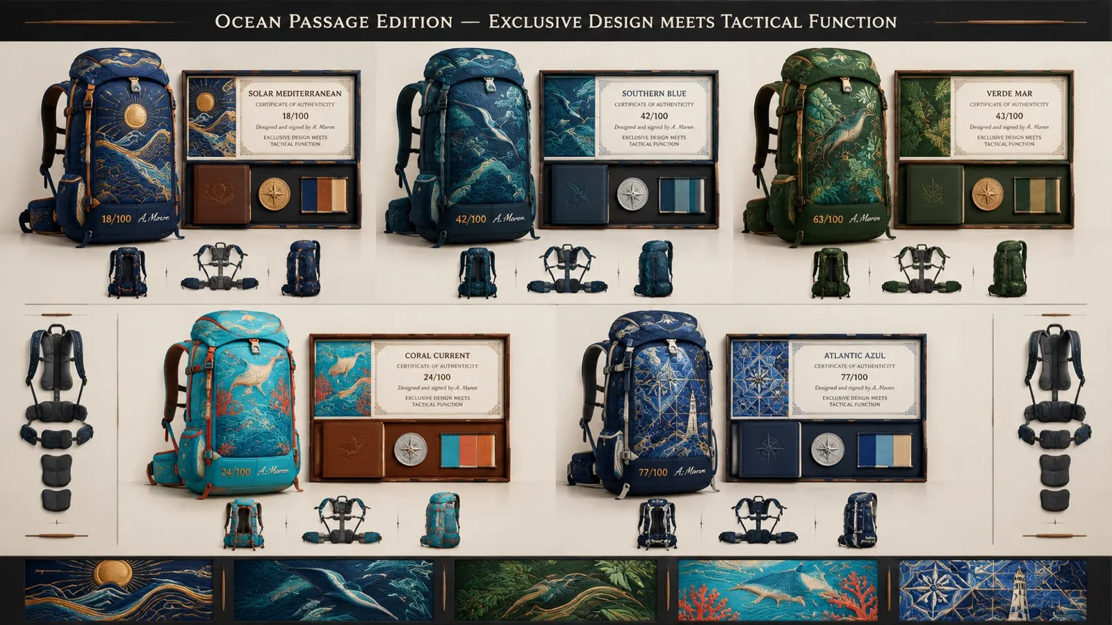 Board of the Ocean Passage Edition with five ocean-themed backpacks and material swatches