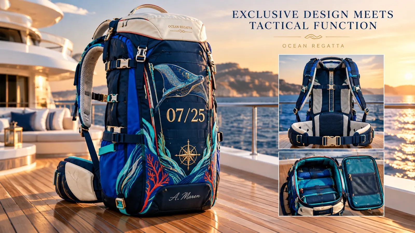 Blue backpack with whale and coral embroidery on a yacht deck at sunset, edition number 07/25