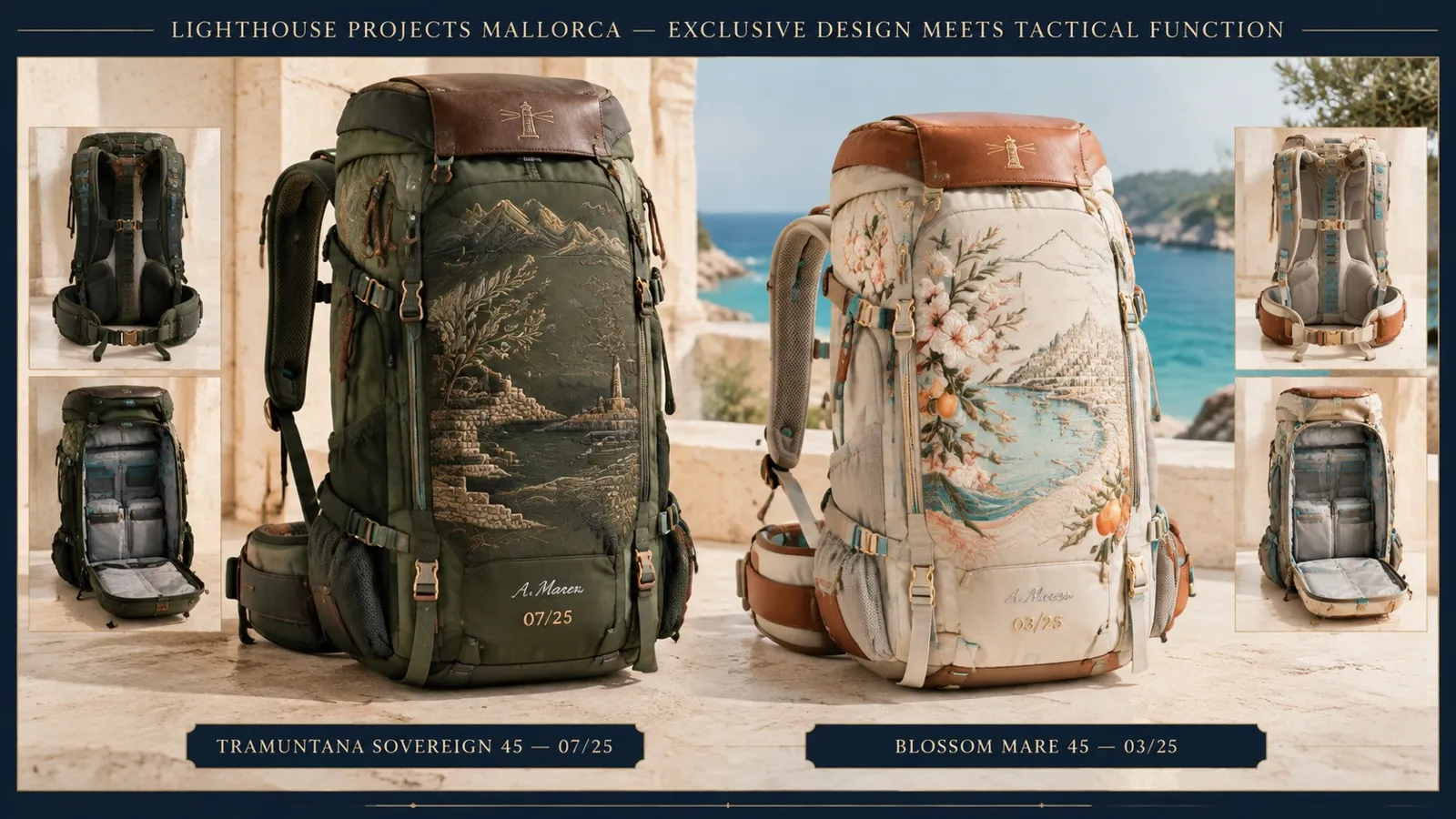Two backpacks on a Mallorcan terrace: Tramuntana Sovereign in green and Blossom Mare in ivory