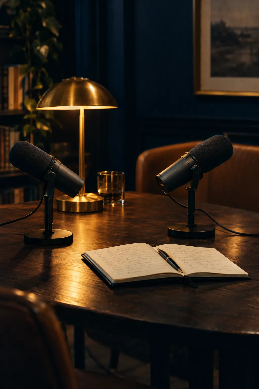 Two studio microphones and an open notebook on a wooden table under a brass lamp